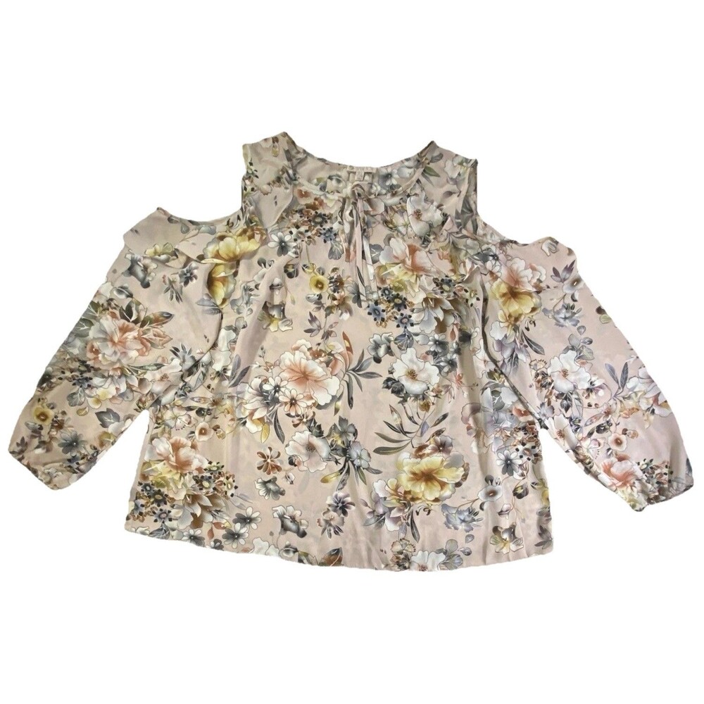 Elaine Rose Womens 1X Floral Cold Shoulder Blouse Keyhole Tie Boho Top